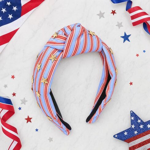 Patriotic Knotted Headband for Women Crafted Red Blue Striped Top Knot Headband with Gold Star Embellishments Wide Hairband for Independence DayParty in Saudi Arabia