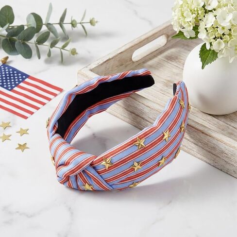 Patriotic Knotted Headband for Women Crafted Red Blue Striped Top Knot Headband with Gold Star Embellishments Wide Hairband for Independence DayParty in Saudi Arabia