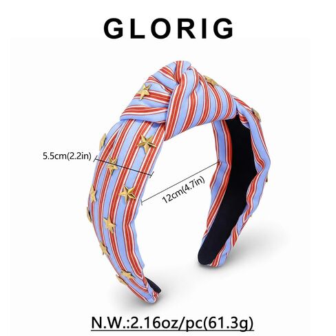 Patriotic Knotted Headband for Women Crafted Red Blue Striped Top Knot Headband with Gold Star Embellishments Wide Hairband for Independence DayParty in Saudi Arabia