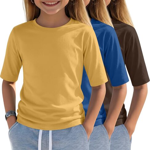 Oakgarden 3 Pack Girls Short Sleeve T Shirts Kids Summer Crewneck Basic Tops Tween Cute Slim Fitted Tees 5-14 Years in Kuwait