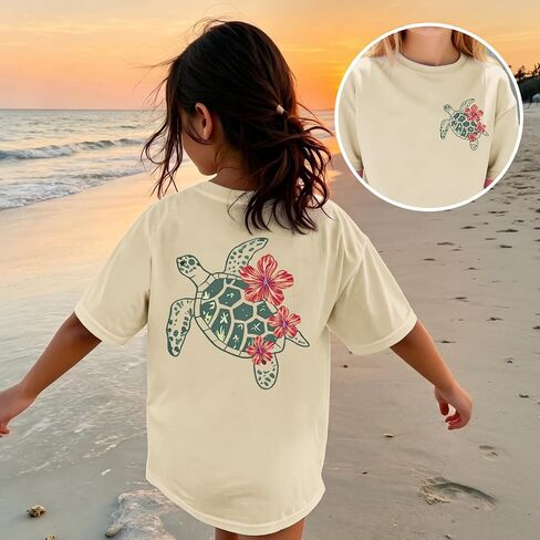 Girls Hawaiian Shirt Beach Summer Vibes Shirts Hibiscus Flower Sea Turtle Graphic Tees Tropical Vacation Cotton Tops in Saudi Arabia