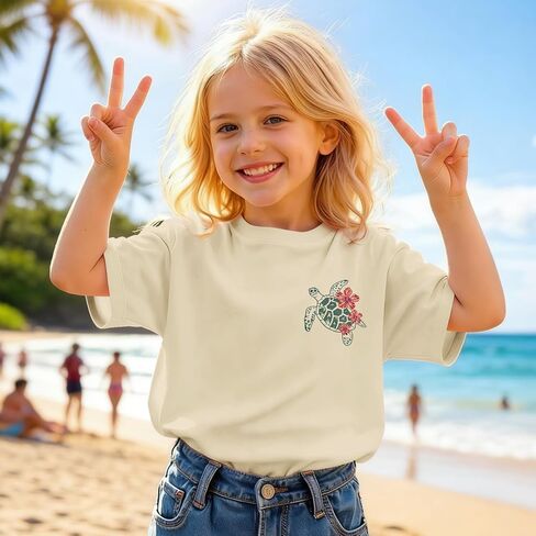 Girls Hawaiian Shirt Beach Summer Vibes Shirts Hibiscus Flower Sea Turtle Graphic Tees Tropical Vacation Cotton Tops in Saudi Arabia