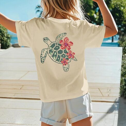 Girls Hawaiian Shirt Beach Summer Vibes Shirts Hibiscus Flower Sea Turtle Graphic Tees Tropical Vacation Cotton Tops in Saudi Arabia