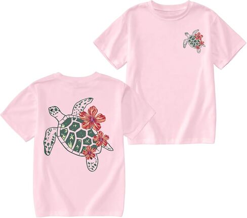 Girls Hawaiian Shirt Beach Summer Vibes Shirts Hibiscus Flower Sea Turtle Graphic Tees Tropical Vacation Cotton Tops in Saudi Arabia