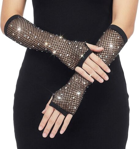 Long Fishnet Arm Sleeves - Fingerless Fishnet Gloves With Rhinestone for Women Girls 80s Halloween Scene Accessories in Saudi Arabia