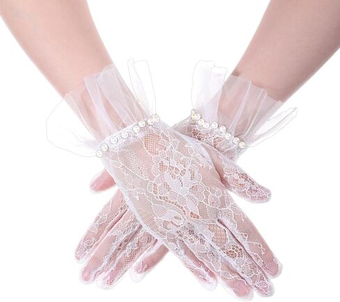 Short White Lace Gloves, Mitten Bride Lace Gloves with Pearls for Wedding, Tulle Bridal Glove for Women Tea Party, Engagement, Wedding, Costume Accessories in Kuwait