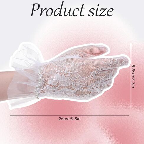 Short White Lace Gloves, Mitten Bride Lace Gloves with Pearls for Wedding, Tulle Bridal Glove for Women Tea Party, Engagement, Wedding, Costume Accessories in Kuwait