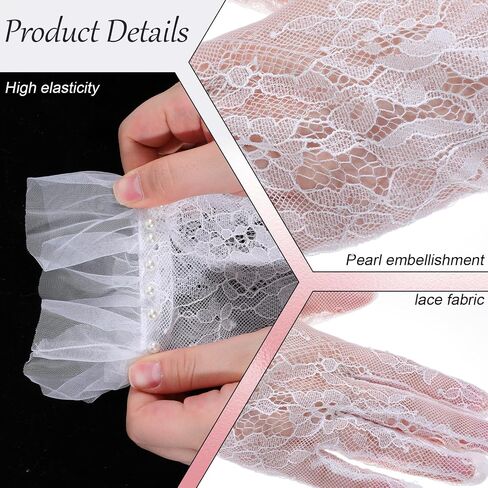Short White Lace Gloves, Mitten Bride Lace Gloves with Pearls for Wedding, Tulle Bridal Glove for Women Tea Party, Engagement, Wedding, Costume Accessories in Kuwait