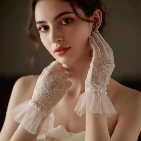 Short White Lace Gloves, Mitten Bride Lace Gloves with Pearls for Wedding, Tulle Bridal Glove for Women Tea Party, Engagement, Wedding, Costume Accessories in Kuwait