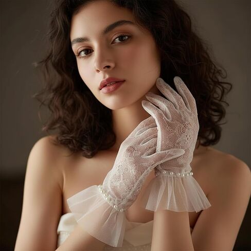 Short White Lace Gloves, Mitten Bride Lace Gloves with Pearls for Wedding, Tulle Bridal Glove for Women Tea Party, Engagement, Wedding, Costume Accessories in Kuwait