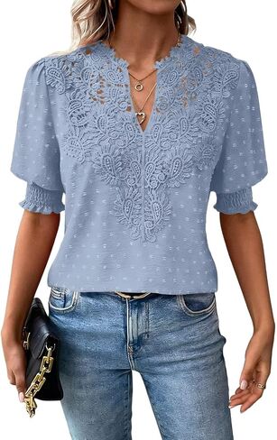 Falechay Womens Tops Swiss Dot Boho Short Sleeve Shirts V Neck Casual Chiffon Blouses Flowy Lace Cute Clothing Trendy 2026 in Kuwait