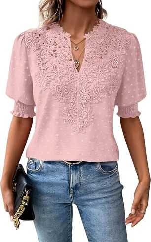 Falechay Womens Tops Swiss Dot Boho Short Sleeve Shirts V Neck Casual Chiffon Blouses Flowy Lace Cute Clothing Trendy 2026 in Kuwait