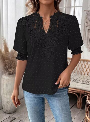 Falechay Womens Tops Swiss Dot Boho Short Sleeve Shirts V Neck Casual Chiffon Blouses Flowy Lace Cute Clothing Trendy 2026 in Kuwait