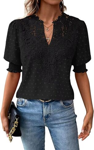 Falechay Womens Tops Swiss Dot Boho Short Sleeve Shirts V Neck Casual Chiffon Blouses Flowy Lace Cute Clothing Trendy 2026 in Kuwait