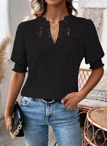 Falechay Womens Tops Swiss Dot Boho Short Sleeve Shirts V Neck Casual Chiffon Blouses Flowy Lace Cute Clothing Trendy 2026 in Kuwait