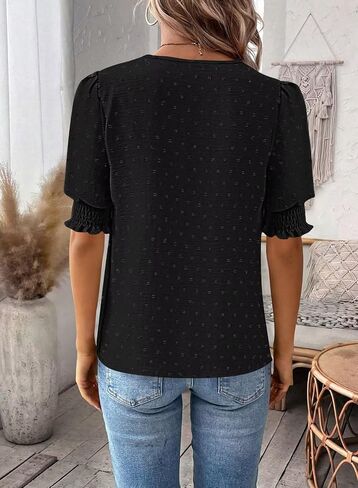 Falechay Womens Tops Swiss Dot Boho Short Sleeve Shirts V Neck Casual Chiffon Blouses Flowy Lace Cute Clothing Trendy 2026 in Kuwait
