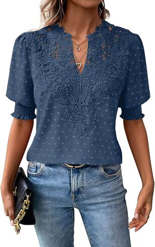 Falechay Womens Tops Swiss Dot Boho Short Sleeve Shirts V Neck Casual Chiffon Blouses Flowy Lace Cute Clothing Trendy 2026 in Kuwait