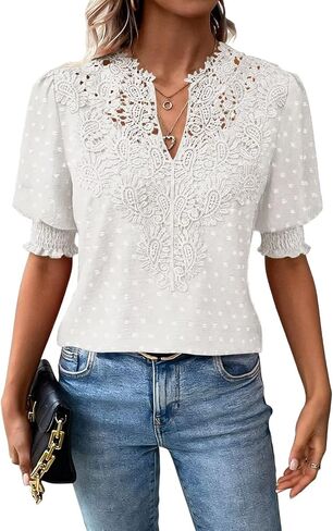 Falechay Womens Tops Swiss Dot Boho Short Sleeve Shirts V Neck Casual Chiffon Blouses Flowy Lace Cute Clothing Trendy 2026 in Kuwait