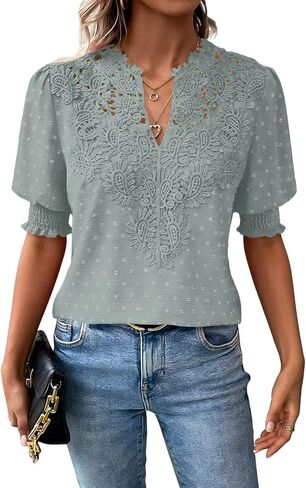 Falechay Womens Tops Swiss Dot Boho Short Sleeve Shirts V Neck Casual Chiffon Blouses Flowy Lace Cute Clothing Trendy 2026 in Kuwait