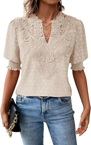 Falechay Womens Tops Swiss Dot Boho Short Sleeve Shirts V Neck Casual Chiffon Blouses Flowy Lace Cute Clothing Trendy 2026 in Kuwait