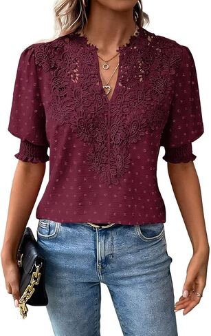 Falechay Womens Tops Swiss Dot Boho Short Sleeve Shirts V Neck Casual Chiffon Blouses Flowy Lace Cute Clothing Trendy 2026 in Kuwait