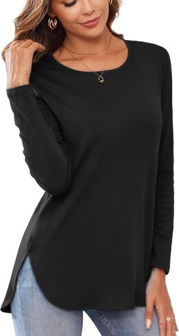 Herou Women's Casual Long/Short Sleeve T Shirt Crewneck with Side Split Fall Pullover Loose Tunic Sweater Tops in Kuwait