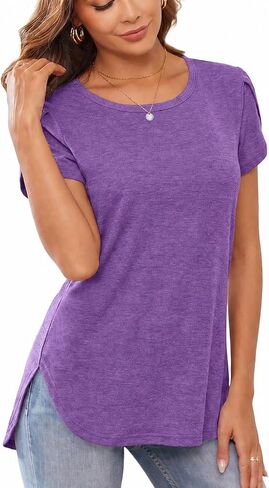 Herou Women's Casual Long/Short Sleeve T Shirt Crewneck with Side Split Fall Pullover Loose Tunic Sweater Tops in Kuwait