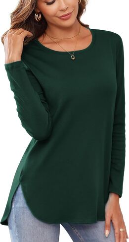 Herou Women's Casual Long/Short Sleeve T Shirt Crewneck with Side Split Fall Pullover Loose Tunic Sweater Tops in Kuwait