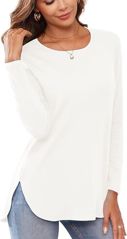 Herou Women's Casual Long/Short Sleeve T Shirt Crewneck with Side Split Fall Pullover Loose Tunic Sweater Tops in Kuwait