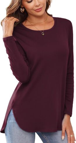Herou Women's Casual Long/Short Sleeve T Shirt Crewneck with Side Split Fall Pullover Loose Tunic Sweater Tops in Kuwait