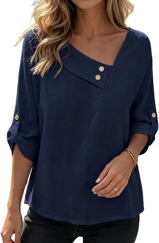 XNC Womens 3/4 Roll Sleeve Tops V Neck Button White Casual Blouses Summer Trendy Tee Shirts 2026 Vacation Fashion Clothes in Saudi Arabia