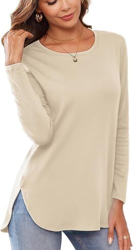 Herou Women's Casual Long/Short Sleeve T Shirt Crewneck with Side Split Fall Pullover Loose Tunic Sweater Tops in Kuwait
