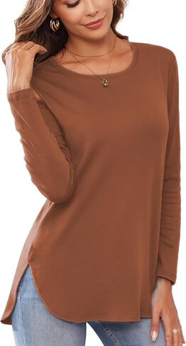 Herou Women's Casual Long/Short Sleeve T Shirt Crewneck with Side Split Fall Pullover Loose Tunic Sweater Tops in Kuwait
