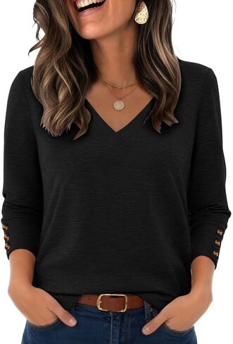 Zeagoo Womens Long Sleeve Tops V Neck T Shirts Dressy Casual Blouse 2026 Fall Trendy Clothes in Kuwait