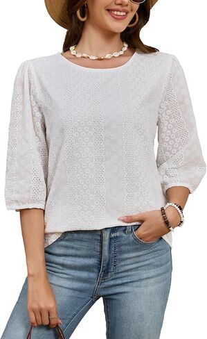 Women's Eyelet Embroidery Blouse, 3/4 Sleeve Crew Neck Casual Top, Bohemian Lace Summer Shirt Elegant Loose Tunic ﻿ in Saudi Arabia