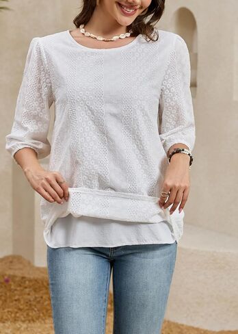 Women's Eyelet Embroidery Blouse, 3/4 Sleeve Crew Neck Casual Top, Bohemian Lace Summer Shirt Elegant Loose Tunic ﻿ in Saudi Arabia