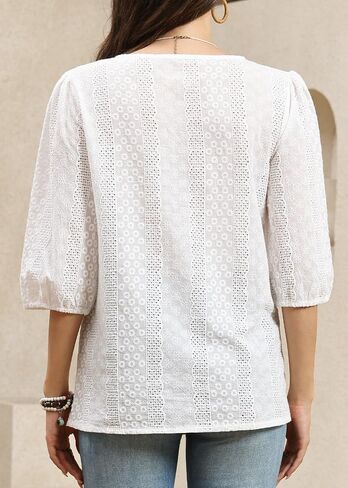 Women's Eyelet Embroidery Blouse, 3/4 Sleeve Crew Neck Casual Top, Bohemian Lace Summer Shirt Elegant Loose Tunic ﻿ in Saudi Arabia