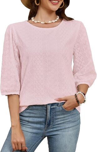 Women's Eyelet Embroidery Blouse, 3/4 Sleeve Crew Neck Casual Top, Bohemian Lace Summer Shirt Elegant Loose Tunic ﻿ in Saudi Arabia