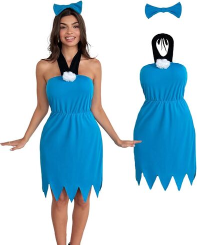 Laqeyko Women Blue Halter Sleeveless Dress for Betty Rubble Costume, with Felt Cutout Headpiece in Saudi Arabia