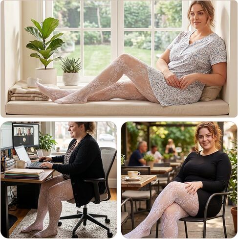 Floral Pattern White Lace Tights Plus Size White Lace Stockings High Waist Velvet Pantyhose Fishnet Stockings, Suitable for 220 lbs in Saudi Arabia