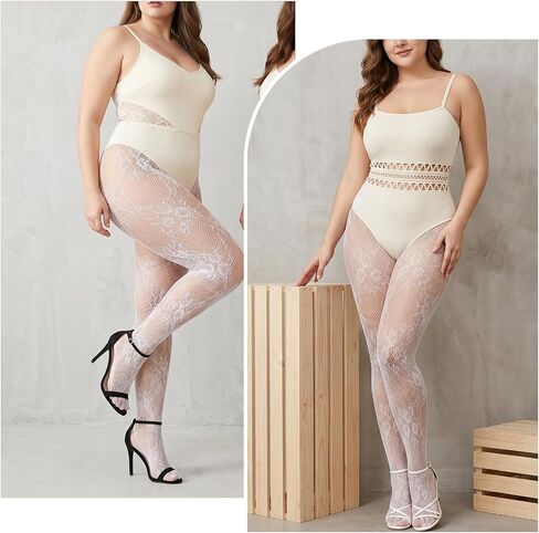 Floral Pattern White Lace Tights Plus Size White Lace Stockings High Waist Velvet Pantyhose Fishnet Stockings, Suitable for 220 lbs in Saudi Arabia