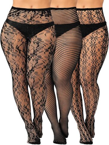 Geyoga 3 Pair Women Plus Size Fishnets Stockings Floral Lace Tights High Waist Fishnet Leggings Pantyhose for Women in Kuwait