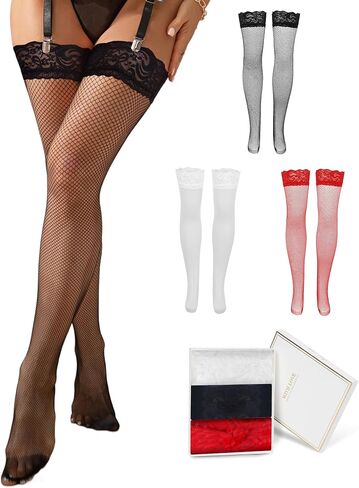 comeondear Women Fishnet Thigh High Stockings Plus Size Socks with Antiskid Silicone Lace Top Sheer Nylons Pantyhose Tights in Kuwait