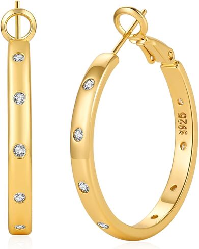 Senteria 4MM Sterling Silver Post Hoop Earrings Hypoallergenic 14K Gold Plated Hoop Earrings with AAA+ Cubic Zirconia Lightweight Thick Diamond Hoops Earring for Women Gift 25/30/40/50/60/70MM in Saudi Arabia