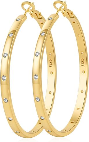Senteria 4MM Sterling Silver Post Hoop Earrings Hypoallergenic 14K Gold Plated Hoop Earrings with AAA+ Cubic Zirconia Lightweight Thick Diamond Hoops Earring for Women Gift 25/30/40/50/60/70MM in Saudi Arabia