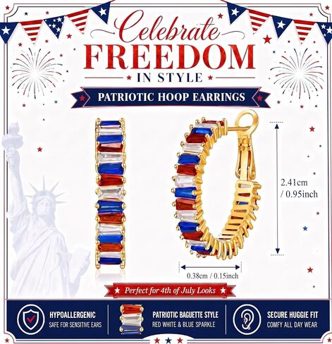 4th of July Earrings for Women - Patriotic American Flag Hoop Jewelry, Red White and Blue Outfits Accessories Gifts in Kuwait