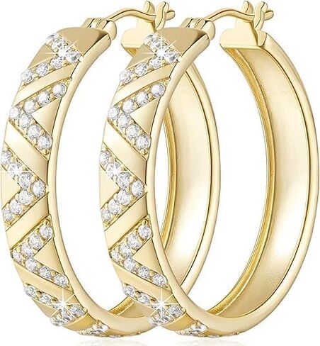 14K Gold Hoop Earrings for Women 14K Gold Earrings V-Shaped Cubic Zirconia Inlay Thick Hoops Womens Earring in Saudi Arabia