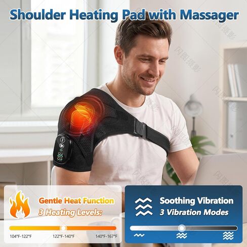 Cordless Shoulder Heating Pad & Massager, Heating Vibration Shoulder Wrap Brace, Shoulder Massager for Pain Relief Deep Tissue, Rotator Cuff Support for Men & Women, Black in Kuwait
