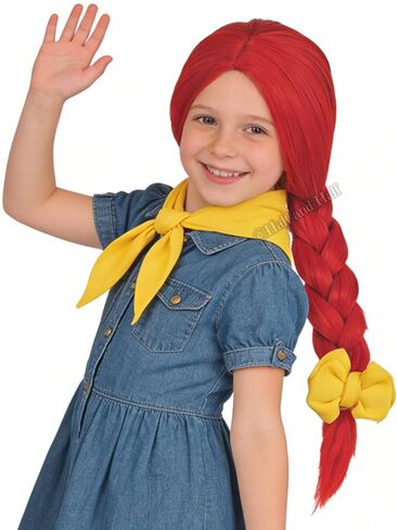 Red Braided Center Part Cosplay Wig and Yellow Bow 23.6'' Long Vibrant Red Braid CowGirl Costume Wigs for Halloween Party in Saudi Arabia