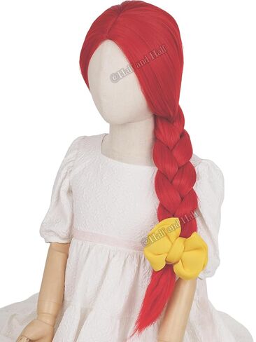 Red Braided Center Part Cosplay Wig and Yellow Bow 23.6'' Long Vibrant Red Braid CowGirl Costume Wigs for Halloween Party in Saudi Arabia